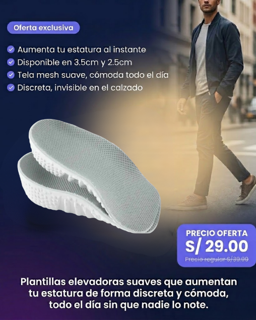 Plantillas Elevadoras Suaves De 3.5cm / 2.5cm – Talla Ajustable, Unisex