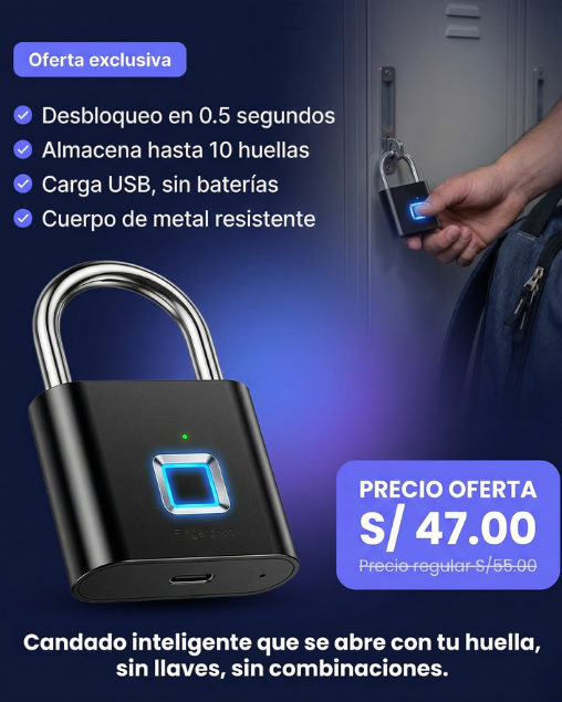 Candado Huella Digital De Metal Con Carga USB – 10 Huellas, Impermeable IP67
