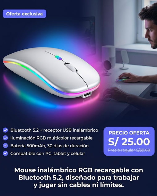 Mouse Inalámbrico RGB Recargable Bluetooth 5.2 – Silencioso, Óptico, Para PC y Mac